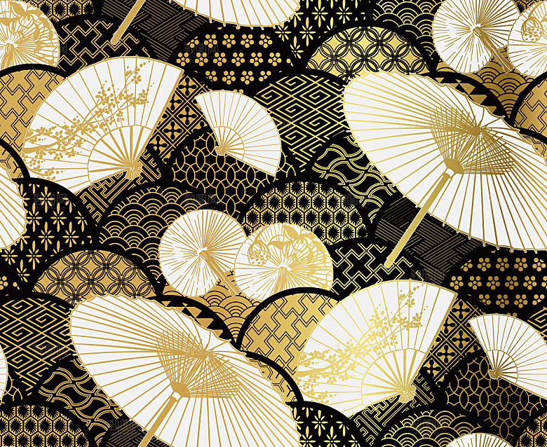 中式黑金山水建筑插画