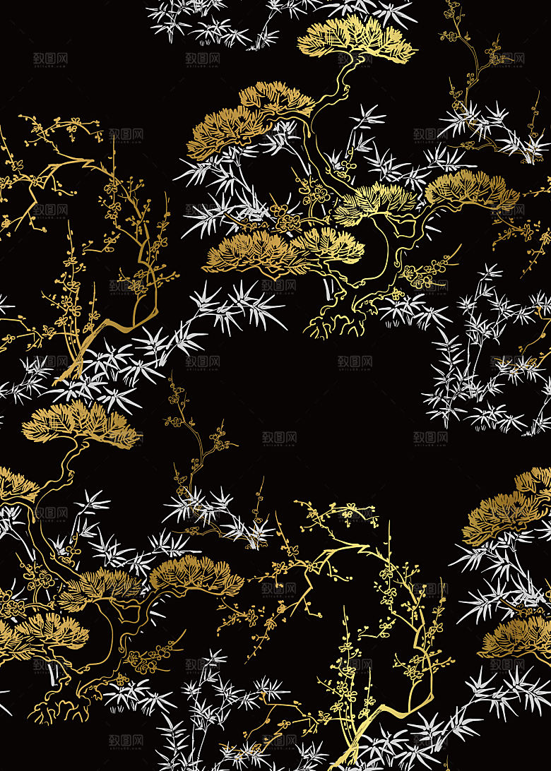 中式黑金山水建筑插画