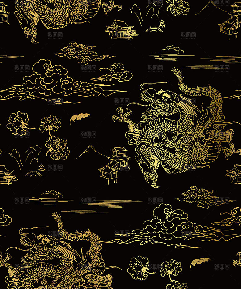 中式黑金山水建筑插画