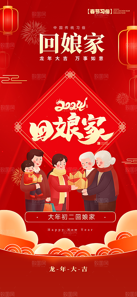 初二回娘家新年春节问候祝福红色卡通手机海