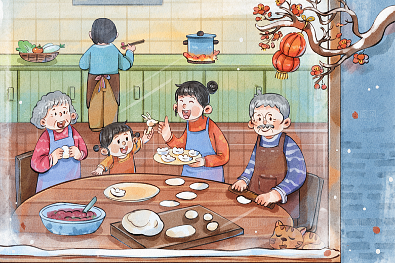 手绘除夕夜一家人包水饺温馨治愈系插画