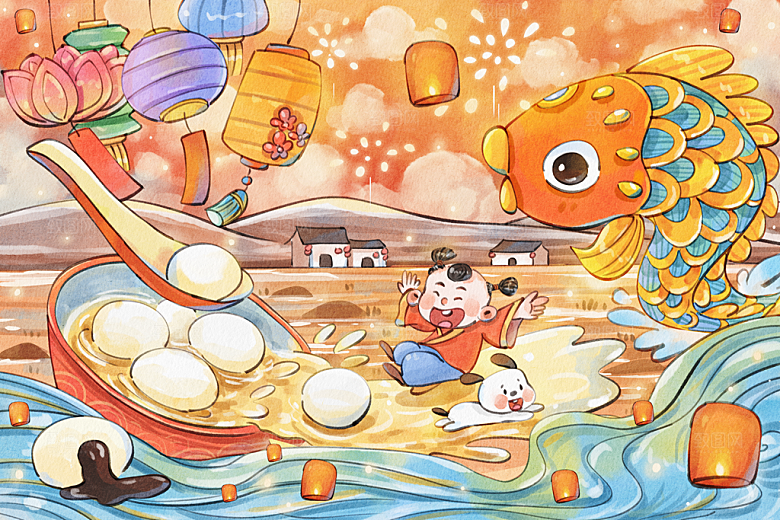手绘除夕夜一家人包水饺温馨治愈系插画