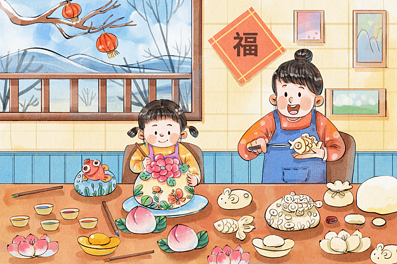 手绘除夕夜一家人包水饺温馨治愈系插画
