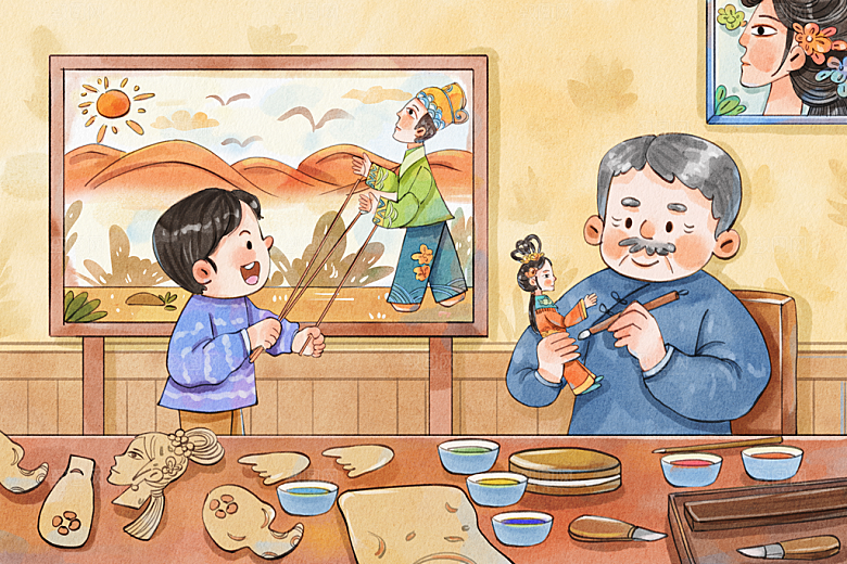 手绘除夕夜一家人包水饺温馨治愈系插画