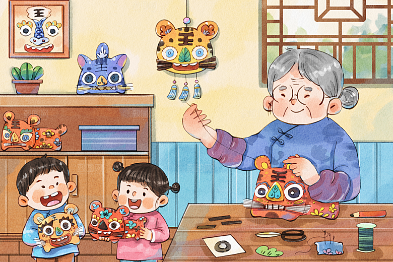 手绘除夕夜一家人包水饺温馨治愈系插画