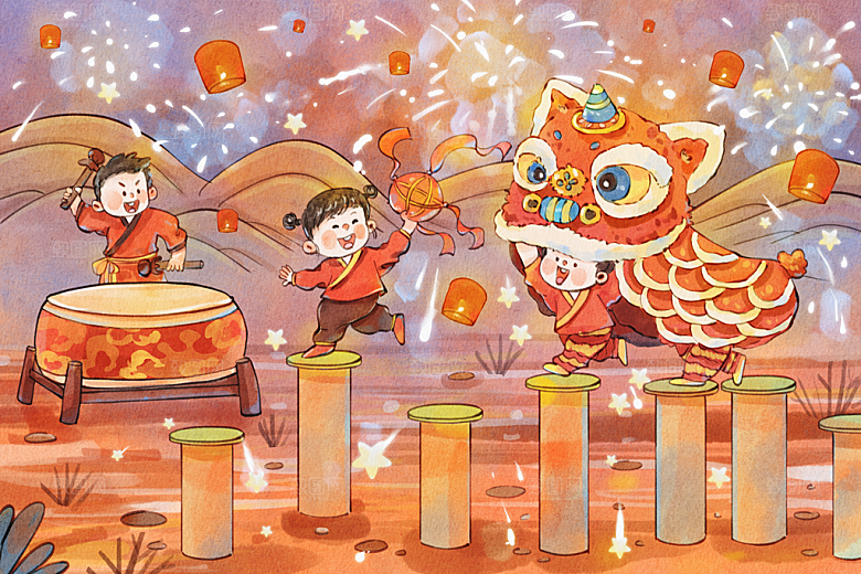 手绘水彩之非遗之舞狮子插画