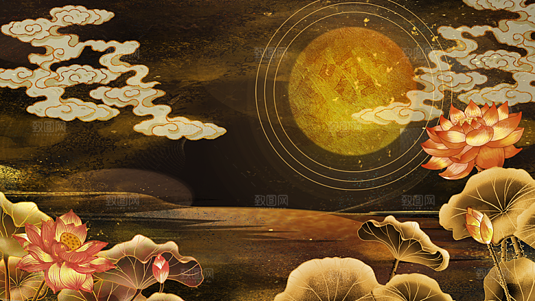 国潮敦煌壁画风日月星河鎏金背景插画