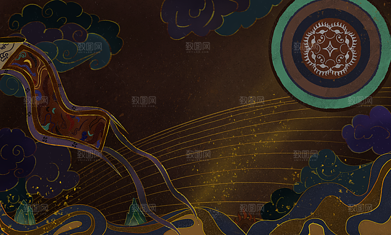 国潮敦煌壁画风日月星河鎏金背景插画