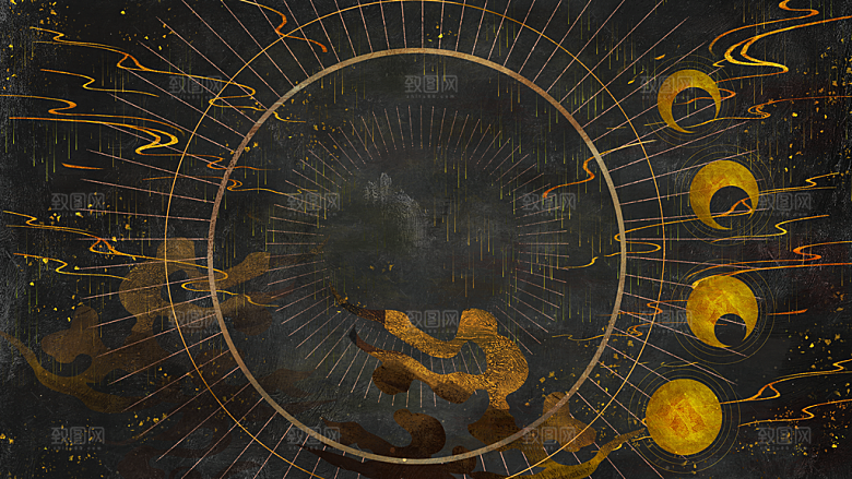 国潮敦煌壁画风日月星河鎏金背景插画