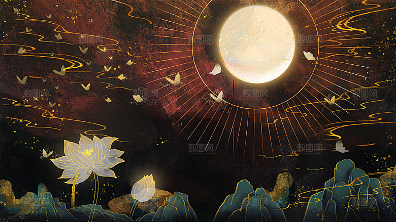 国潮敦煌壁画风日月星河鎏金背景插画