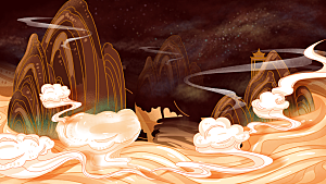 国潮敦煌壁画风日月星河鎏金背景插画