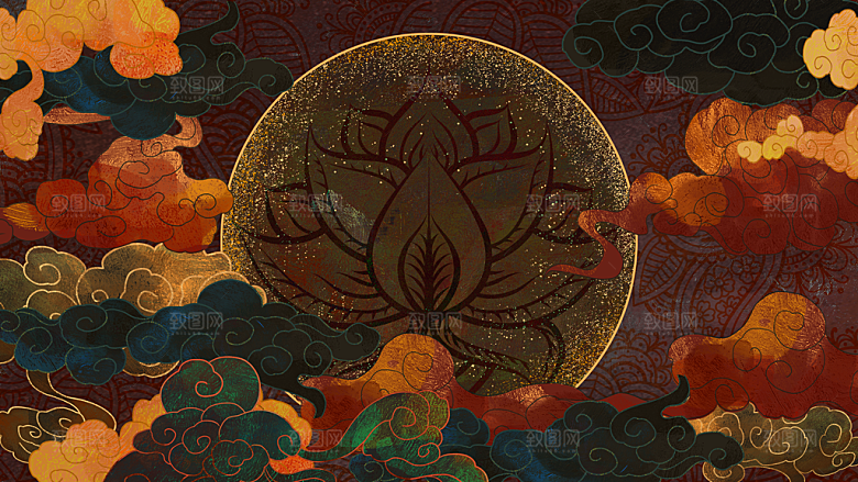 国潮敦煌壁画风日月星河鎏金背景插画