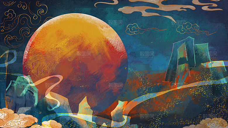 国潮敦煌壁画风日月星河鎏金背景插画