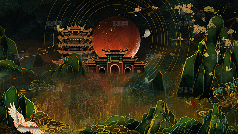 国潮敦煌壁画风日月星河鎏金背景插画