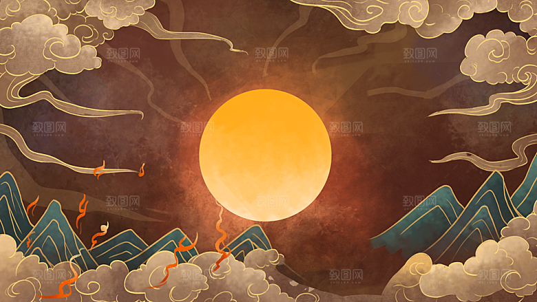 国潮敦煌壁画风日月星河鎏金背景插画
