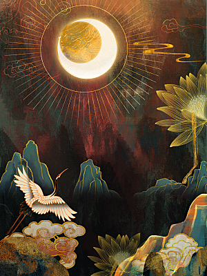 国潮敦煌壁画风日月星河鎏金背景插画