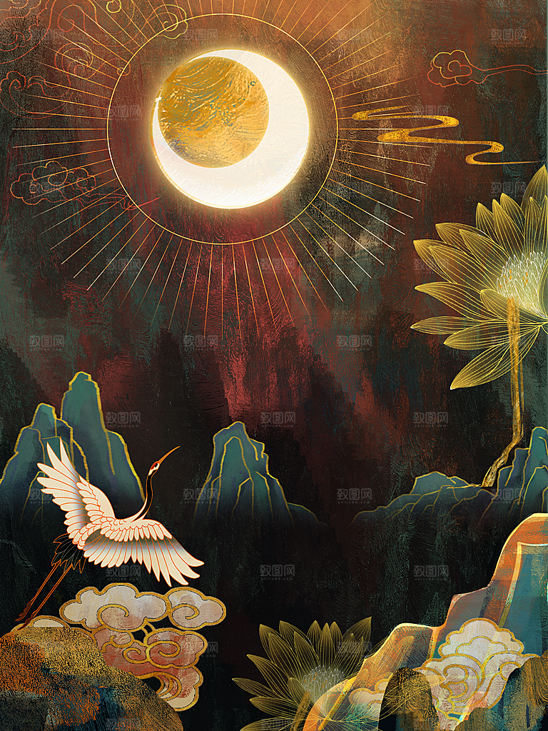 国潮敦煌壁画风日月星河鎏金背景插画