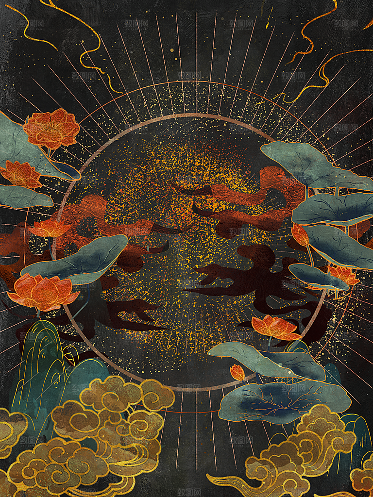 国潮敦煌壁画风日月星河鎏金背景插画