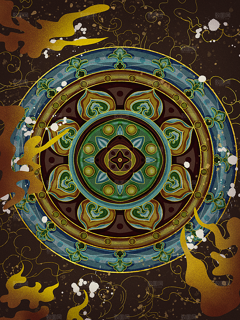 国潮敦煌壁画风日月星河鎏金背景插画