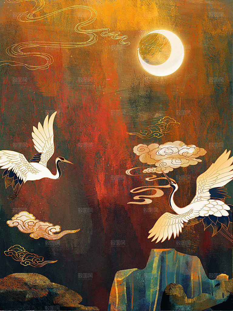 国潮敦煌壁画风日月星河鎏金背景插画