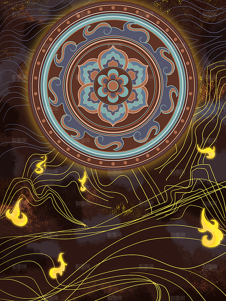 国潮敦煌壁画风日月星河鎏金背景插画
