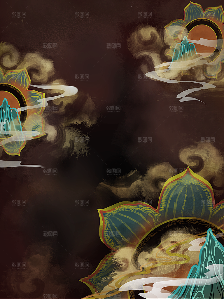 国潮敦煌壁画风日月星河鎏金背景插画