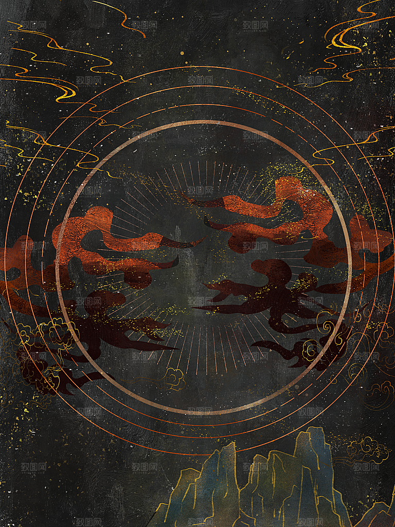 国潮敦煌壁画风日月星河鎏金背景插画