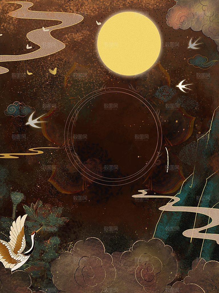 国潮敦煌壁画风日月星河鎏金背景插画