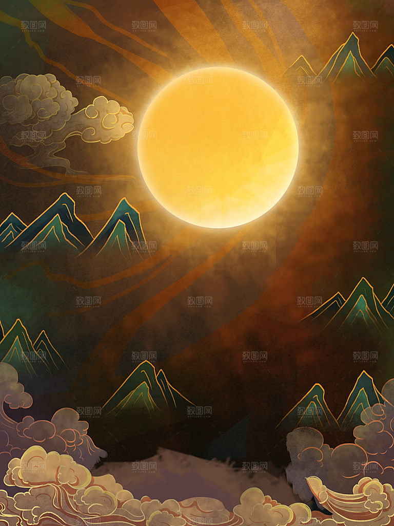 国潮敦煌壁画风日月星河鎏金背景插画