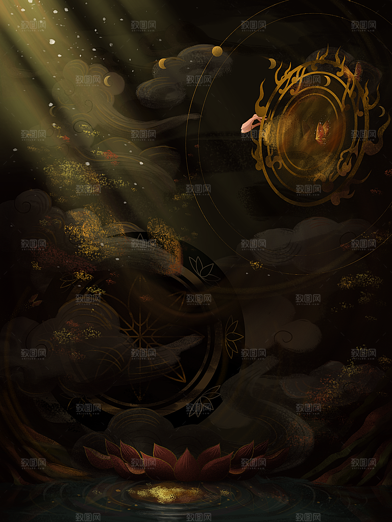 国潮敦煌壁画风日月星河鎏金背景插画