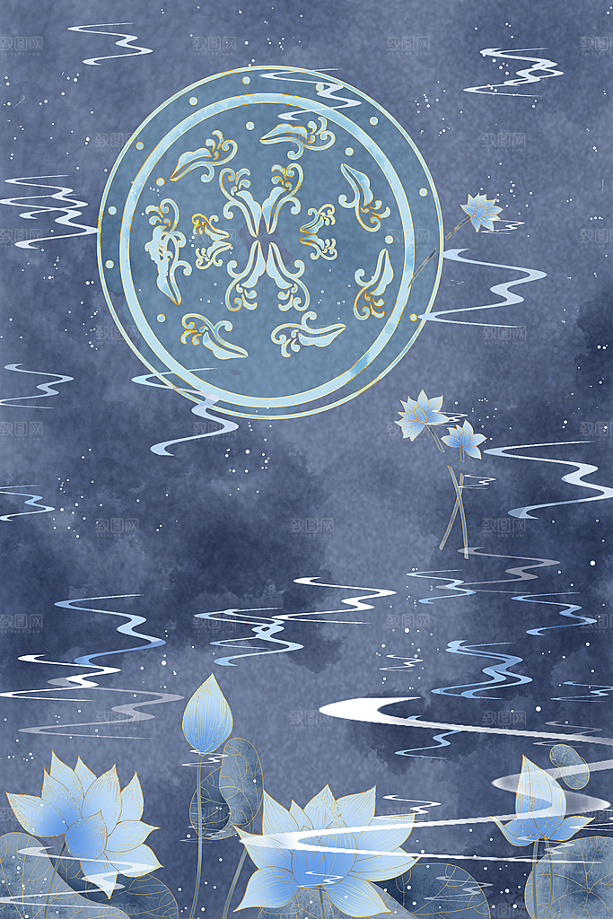 国潮敦煌壁画风日月星河鎏金背景插画