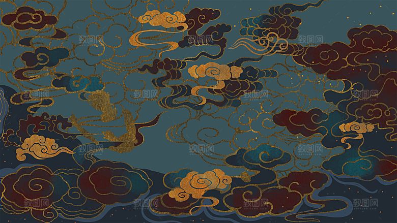 国潮敦煌壁画风日月星河鎏金背景插画