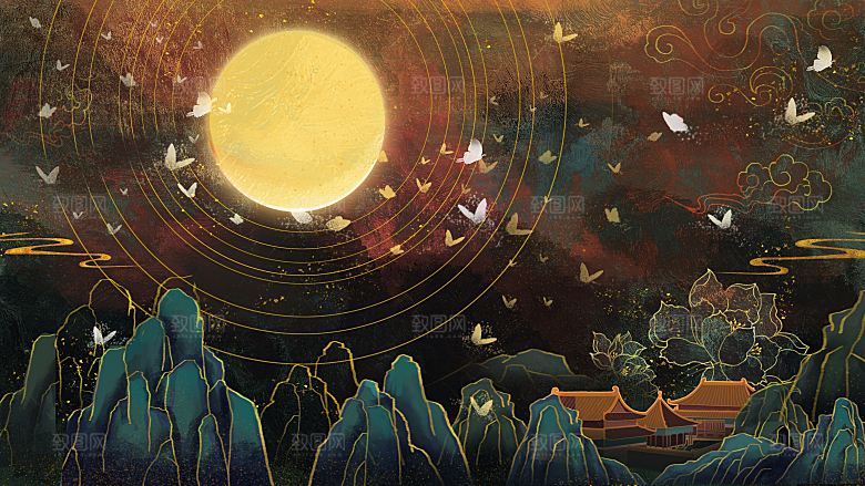 国潮敦煌壁画风日月星河鎏金背景插画