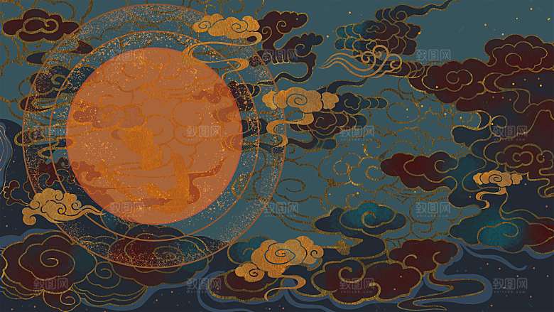 国潮敦煌壁画风日月星河鎏金背景插画