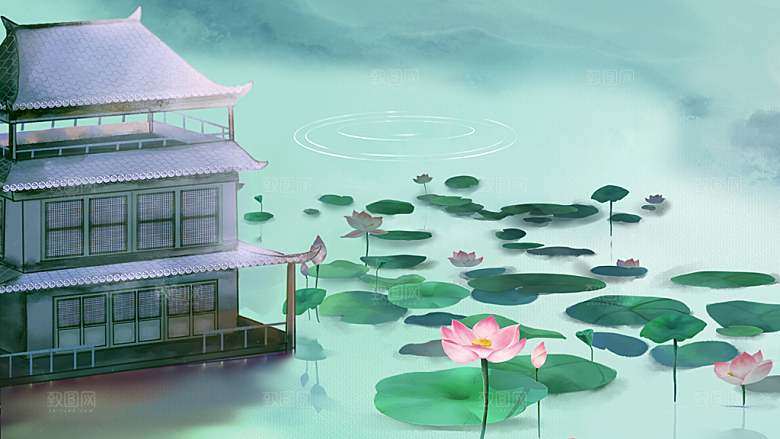 古风山水建筑凉亭荷花插画海报
