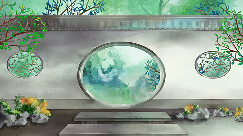 古风山水建筑凉亭荷花插画海报