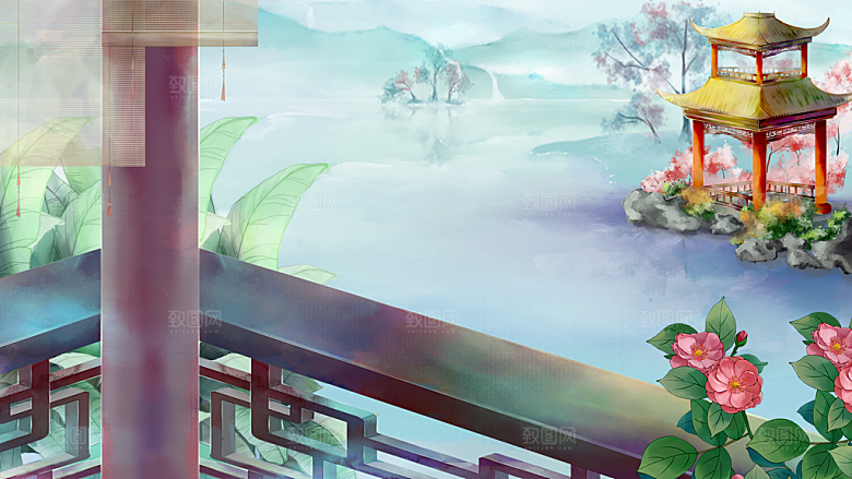古风山水建筑凉亭荷花插画海报