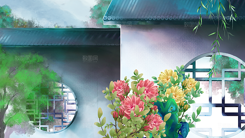 古风山水建筑凉亭荷花插画海报