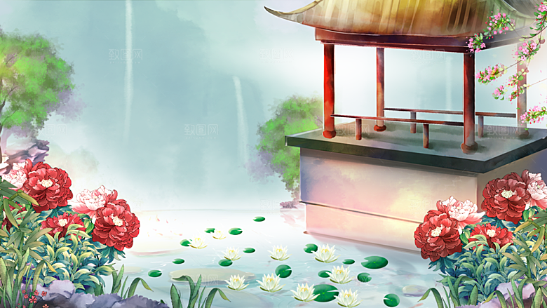 古风山水建筑凉亭荷花插画海报