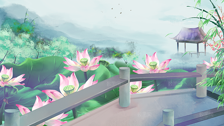 古风山水建筑凉亭荷花插画海报