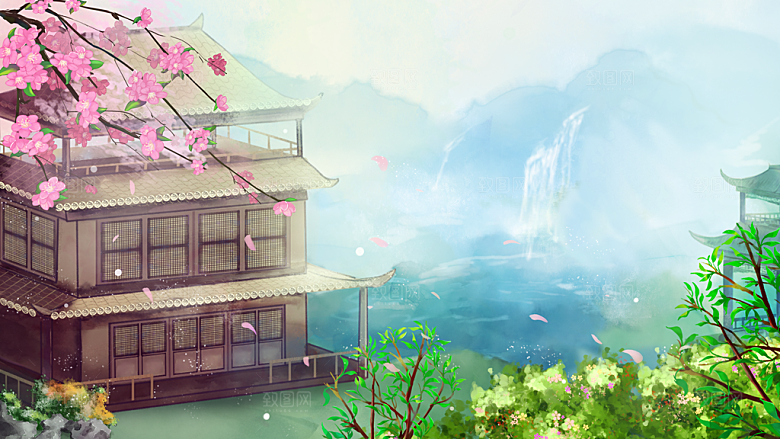 古风山水建筑凉亭荷花插画海报