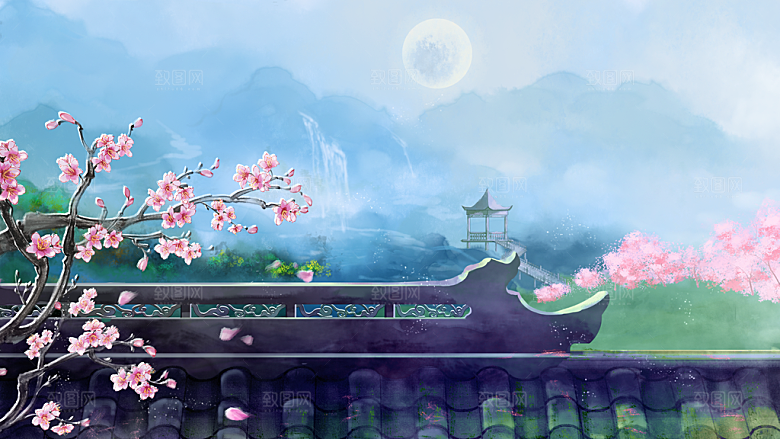 古风山水建筑凉亭荷花插画海报