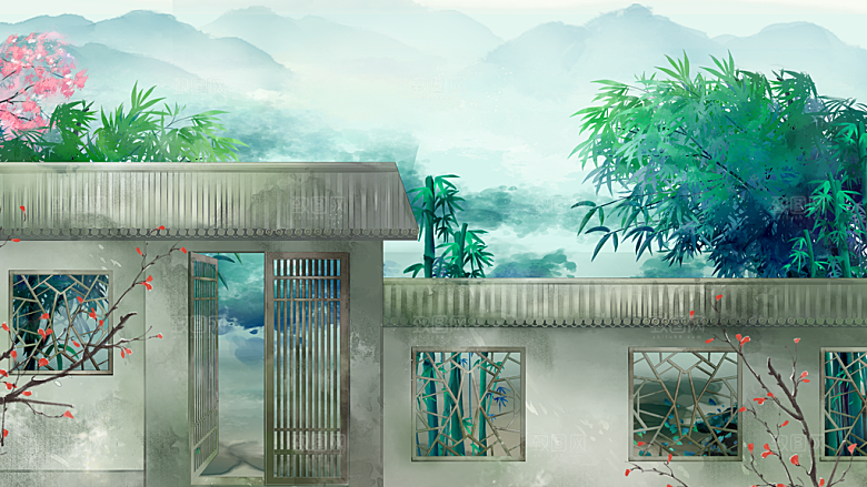 山水凉亭建筑中式插画海报