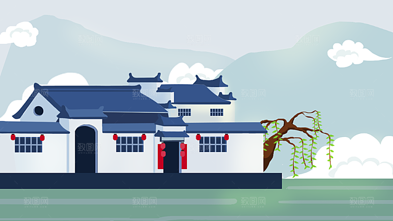 山水凉亭建筑中式插画海报