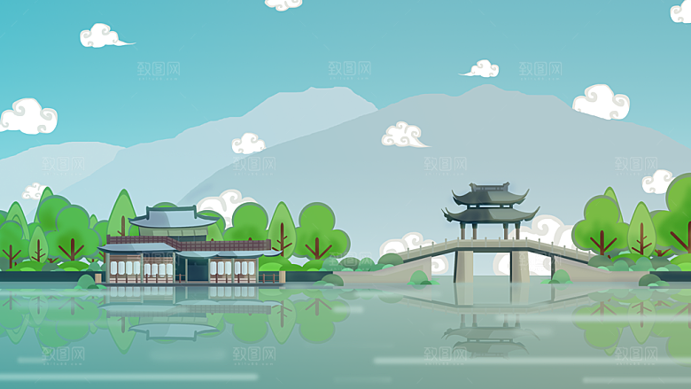 山水凉亭建筑中式插画海报
