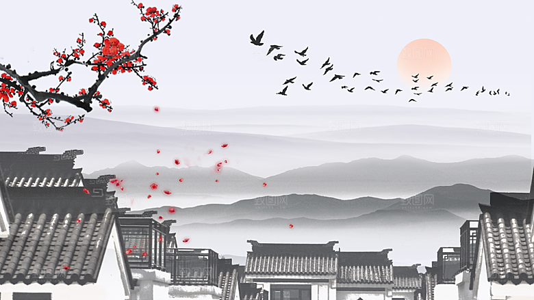 山水凉亭建筑中式插画海报