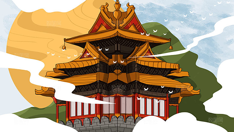 山水凉亭建筑中式插画海报