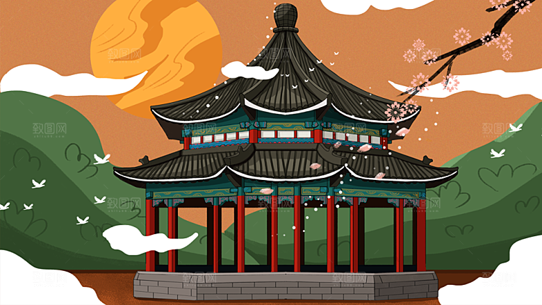 山水凉亭建筑中式插画海报
