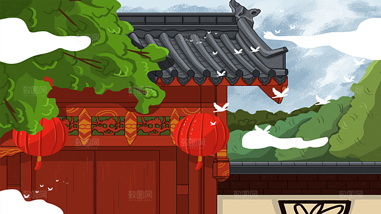 山水凉亭建筑中式插画海报