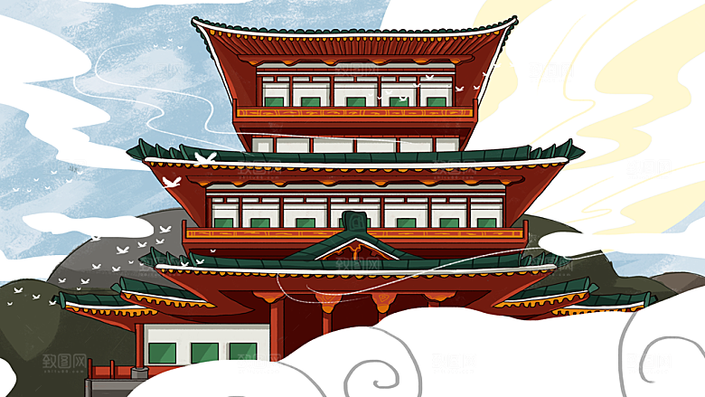 山水凉亭建筑中式插画海报